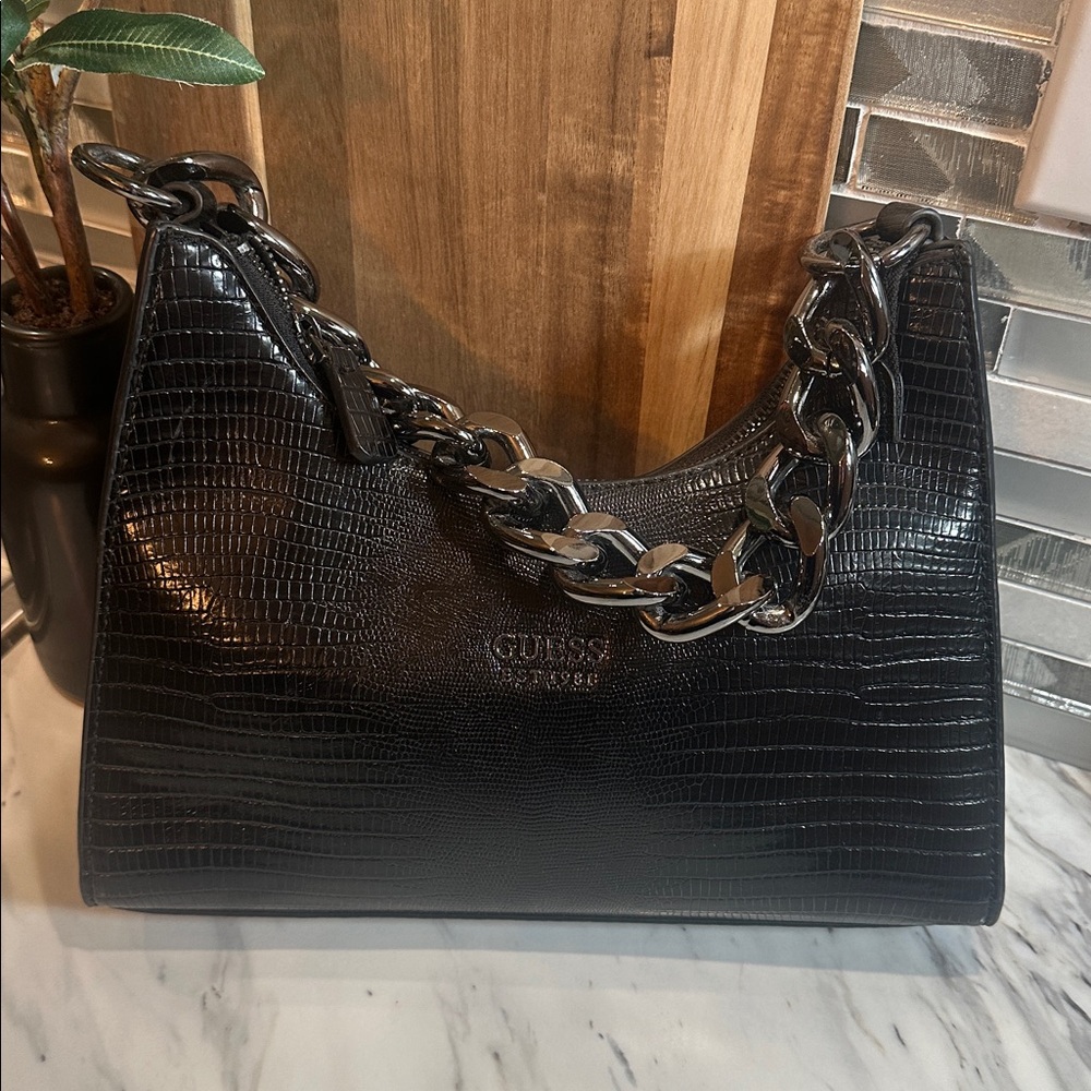 GUESS Black Croc-Embossed Chain-Handle Shoulder Bag